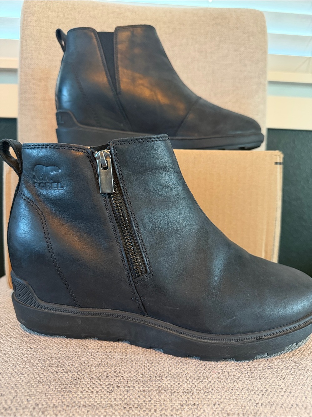 Sorel Evie II Waterproof Black Leather Wedge Zip Ankle Booties